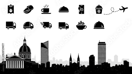 Urban service, delivery, travel, and food icons with city skyline