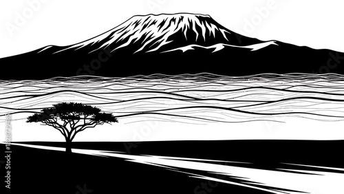 African mountain and tree illustration with wavy lines design