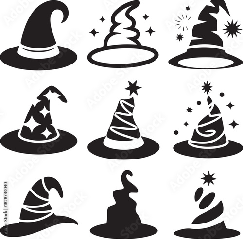 Collection of whimsical witch hats in monochrome isolated on white background