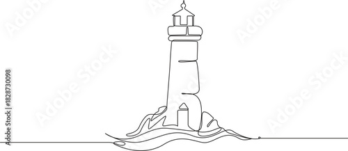 Minimalist lighthouse line art illustration on white background for nautical themes.one line art drawing lighthouse tower vector illustration