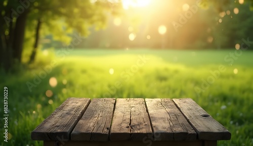 Fototapeta Naklejka Na Ścianę i Meble -  Empty wooden picnic table in a sunlit park with blurred green background