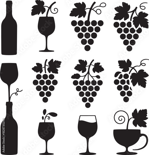 Collection of wine related design elements in black and white vector format