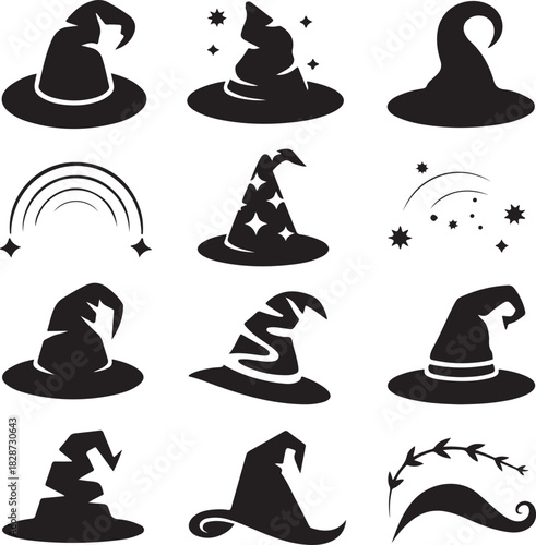 Collection of Witch Hats and Magical Elements Vector Illustration Set
