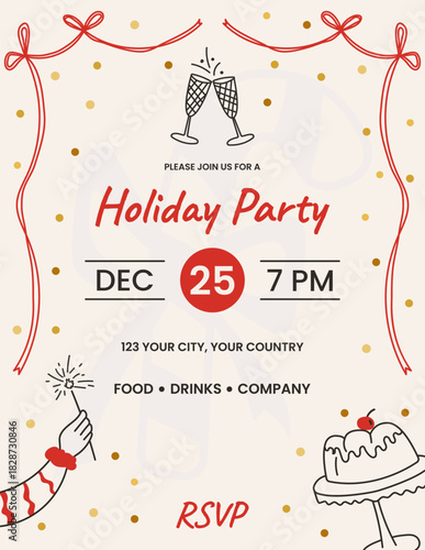 Holiday Party invitation template with festive ribbons, sparkles and celebration elements. Vector illustration.