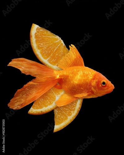 Orange Goldfish with Orange Slice Fins on Black Background