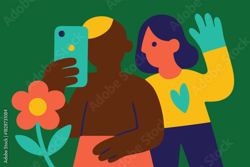 Joyful characters taking smartphone picture vector