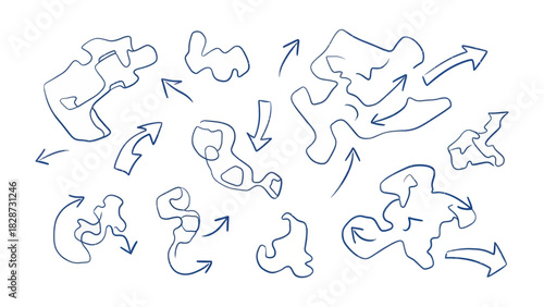 Flow Chart: Conceptual illustration of an abstract flow chart, with interconnected shapes and directional arrows. Depicting ideas, processes and information