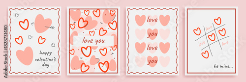 Minimal Valentine’s Day love card set featuring hearts and a tic-tac-toe game in a hand-drawn style. Vector postcards and posters for a romantic holiday.