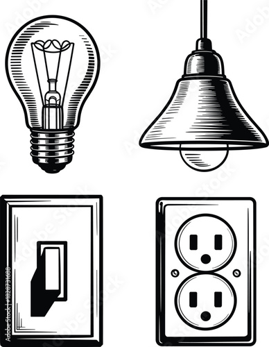 Electrical component icon vector, light bulb, pendant lamp, wall switch, power outlet, black silhouette, home wiring, simple design
