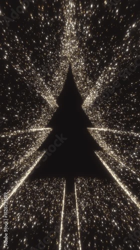 Luxury golden particles shimmer in a Christmas tree motion graphics background. This seamless loop features sparkling glitter and bokeh, perfect for awards, the New Year, and Christmas