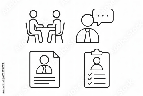 Business Iconography: A set of minimalistic icons representing key aspects of business interaction, including interviews and documentation, all illustrated with a clean and professional aesthetic.