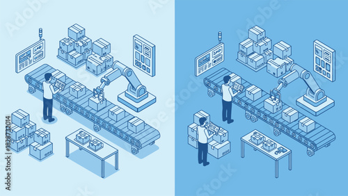 Exploring the future of industrial automation with an isometric view of a worker and a robotic arm on a modern factory conveyor line