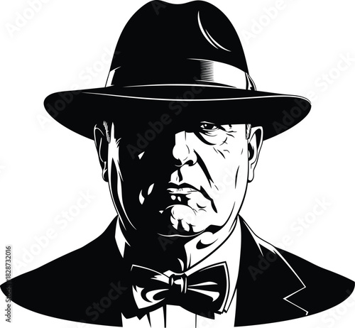 Vintage gangster man in suit and hat black and white vector illustration eps silhouette