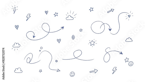 Navigational Path Doodles: A collection of hand-drawn arrow illustrations. Each arrow guides the eye, pointing the way towards a specific target.