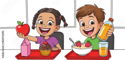 Kids eating healthy food, school lunch vector, apple, cereal, orange juice, cupcake, milk carton, breakfast tray, smiling children