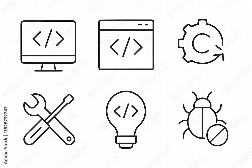 Fototapeta premium Coding Elements: A visual collection of digital icons representing the core elements of coding and software development. Explore the symbolic essence of technology, innovation, and digital creation. 