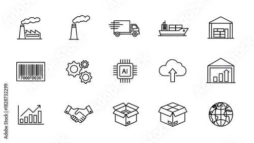 Manufacturing Logistics & Global Business Minimalist Icon Set for Industry, Shipping, Trade and Factory Processes