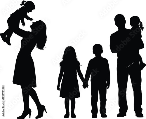 Happy family silhouettes standing together outdoors with parents and children, expressing love, bonding, parenting, childhood joy, unity, care, connection, and togetherness