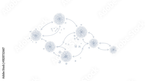 Diagram of interconnected circles: A sophisticated digital graphic visualizing networks of information, systems, or ideas through interconnected nodes, showcasing connectivity, data flow.