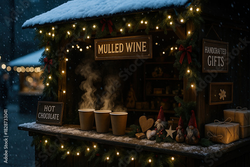 Mulled wine and hot chocolate stand with festive lights and snow