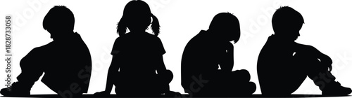Silhouette illustration of four children sitting separately on the ground, expressing sadness, loneliness, isolation, emotional stress, social issues, and childhood challenges.