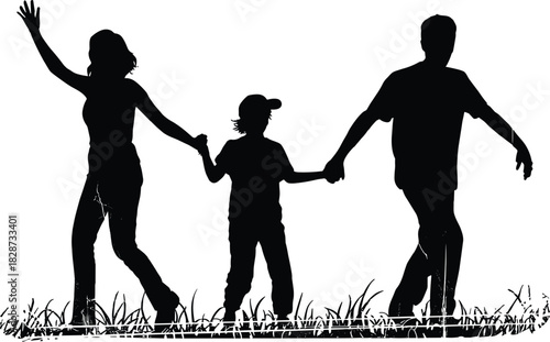 Silhouette of a happy family walking together holding hands outdoors on grass, symbolizing unity, parenting, childhood, bonding, lifestyle, and togetherness