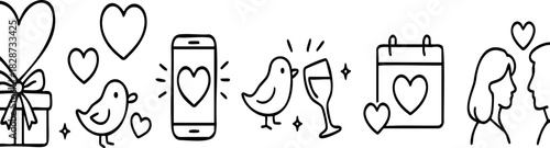 Love and Relationship Doodle Line Art Illustration, Romantic doodle banner featuring hearts, couple figures, smartphone love message, calendar date, and affectionate symbols in line art style.