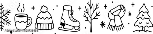 Winter Season Doodle Line Art Illustration, Cozy winter doodle banner featuring warm drinks, winter hat, ice skates, snow-covered trees, and holiday decorations in clean line art style.