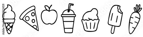 Cute Food and Dessert Doodle Line Art, Sweet doodle banner featuring ice cream, pizza, apple, smoothie, cupcake, and carrot icons in playful line art.