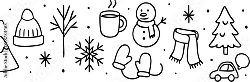 Christmas and Winter Holiday Doodle Line Illustration, Fun winter doodle composition featuring Christmas tree, snowman, mittens, snowflakes, socks, and holiday drinks in simple line art.