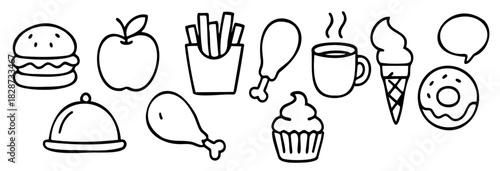 Fast Food and Snack Doodle Line Art, Fun doodle banner featuring fast food items such as burger, fries, apple, chicken, ice cream, donut, and beverages.