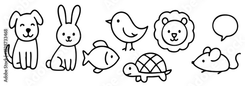 Cute Animal Doodle Line Art Illustration, Adorable doodle set with dog, rabbit, bird, fish, lion, turtle, and mouse icons drawn in simple line art style.