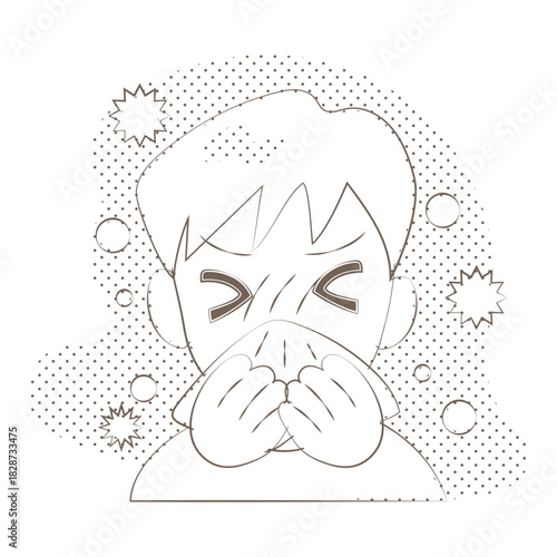 Allergic boy sneezing hard from seasonal pollen illustration