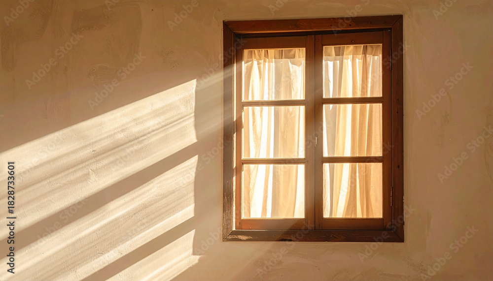 Obraz premium Sunlight Streaming Through a Wooden Window with Cream Curtains Casting Shadows 