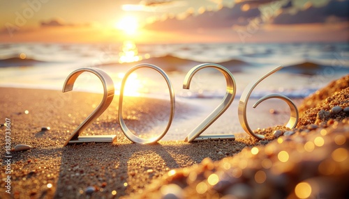 Golden 2026 Numbers on Sandy Beach at Sunset new year