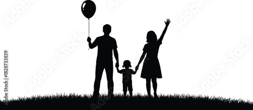 Silhouette of happy family holding hands on grass, celebrating togetherness outdoors with balloon, joyful parenting, childhood bonding, freedom, unity, and love