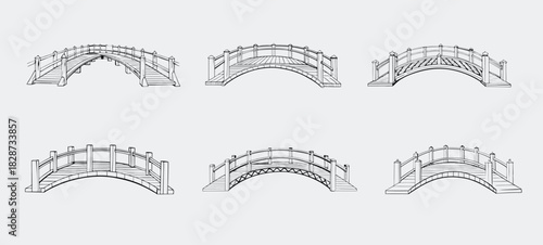 A study of arched bridges represented with clean black and white line drawings