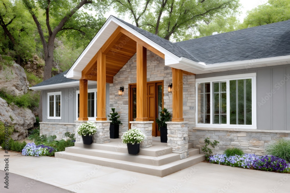 Fototapeta premium Modern house exterior with stone and wood accents