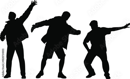 Silhouette of three energetic men dancing and posing with dynamic movements, expressive gestures, modern style, freedom, performance, celebration, and active motion