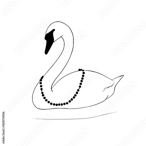 Elegant swan illustration with a beaded necklace in black and white line art on a white background