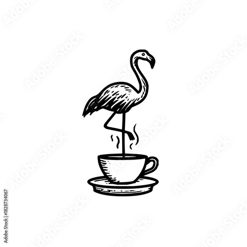 A flamingo standing on one leg above a steaming coffee cup in black and white line drawing style art