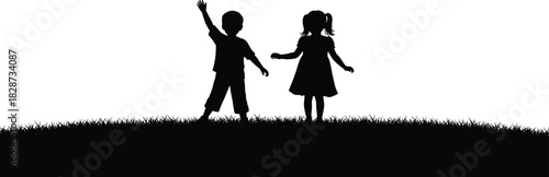 Silhouette of two young children playing happily on grassy hill, joyful childhood moment outdoors, expressive kids interacting in natural open environment