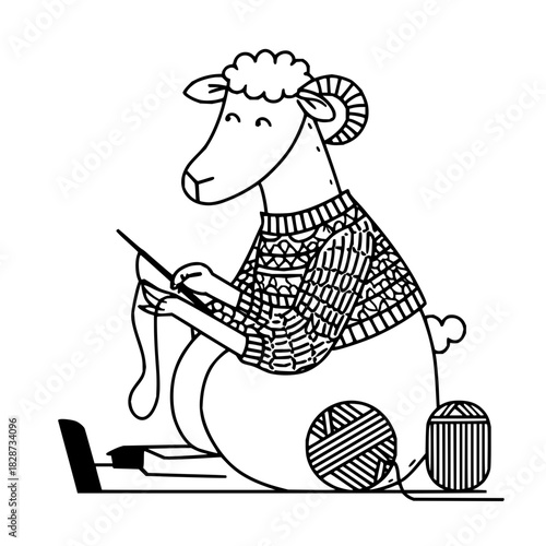 Sheep wearing a sweater knitting with yarn and needles in a black and white line drawing style image