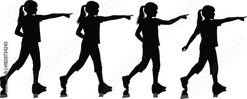 Silhouettes of a young girl walking and pointing forward in multiple poses, expressing direction, movement, guidance, active motion, confidence, and dynamic posture