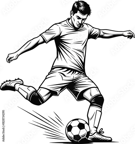 Soccer player kicking ball vector illustration sports monochrome art eps silhouette