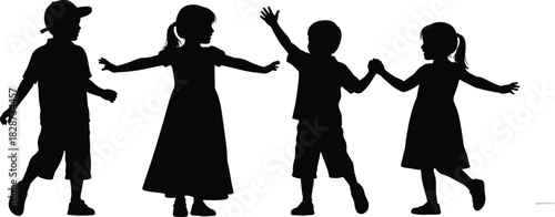 Silhouettes of children standing and playing together outdoors, expressing friendship, innocence, joy, childhood activity, teamwork, unity, happy kids interaction