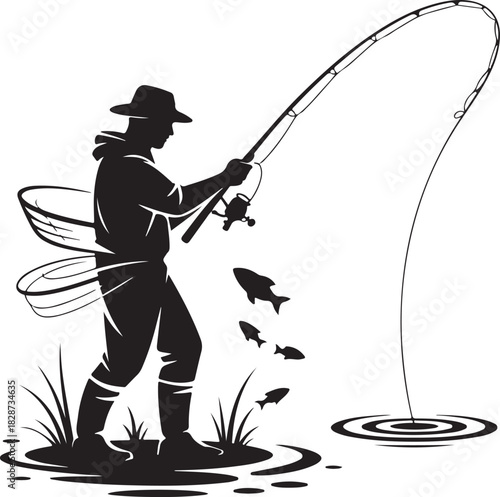 Fisherman silhouette casting fishing rod with fish jumping vector illustration