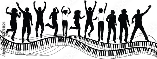 Silhouettes of joyful people dancing and jumping above artistic piano keys, celebrating music, rhythm, unity, creativity, and energetic movement in dynamic composition
