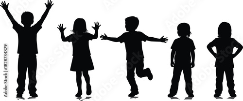 Silhouettes of playful children standing and moving in expressive poses, joyful kids group illustration showing active childhood energy, fun creative concept art