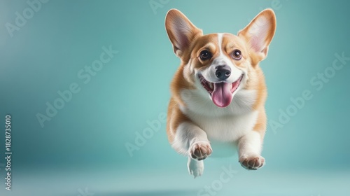 Joyful airborne corgi, embodying happiness and energy against a serene blue backdrop